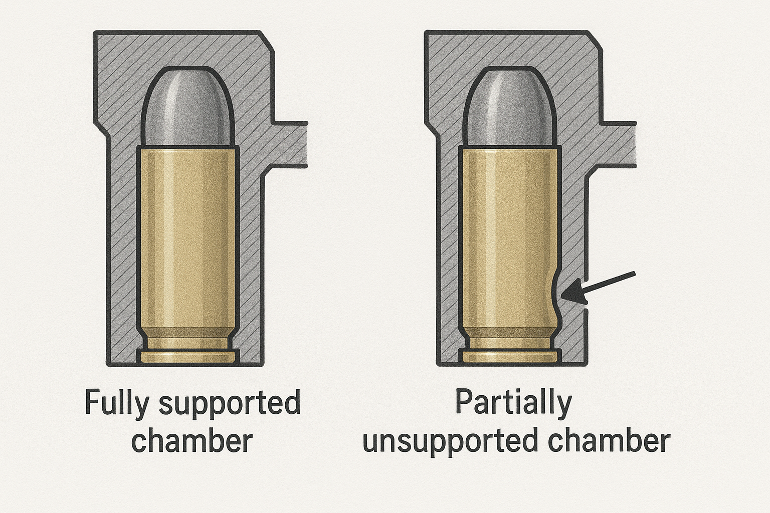 Cross-section comparison of a 9mm case in a fully supported chamber versus a partially unsupported chamber. The unsupported geometry — common in many semi-automatic pistol designs — causes normal-pressure brass to show a visible bulge near the case head, which new reloaders often misread as a pressure sign.