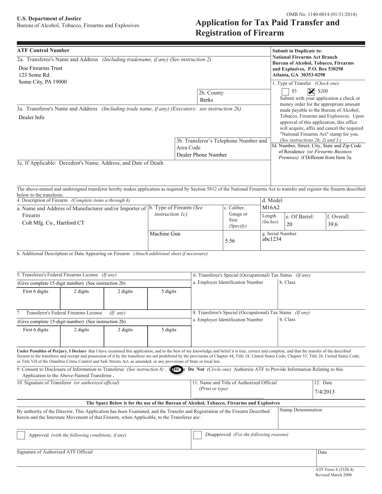 ATF Form 4 (5320.4) — Application for Tax Paid Transfer and Registration of Firearm. Illustrative completed example; download the current blank form at atf.gov.