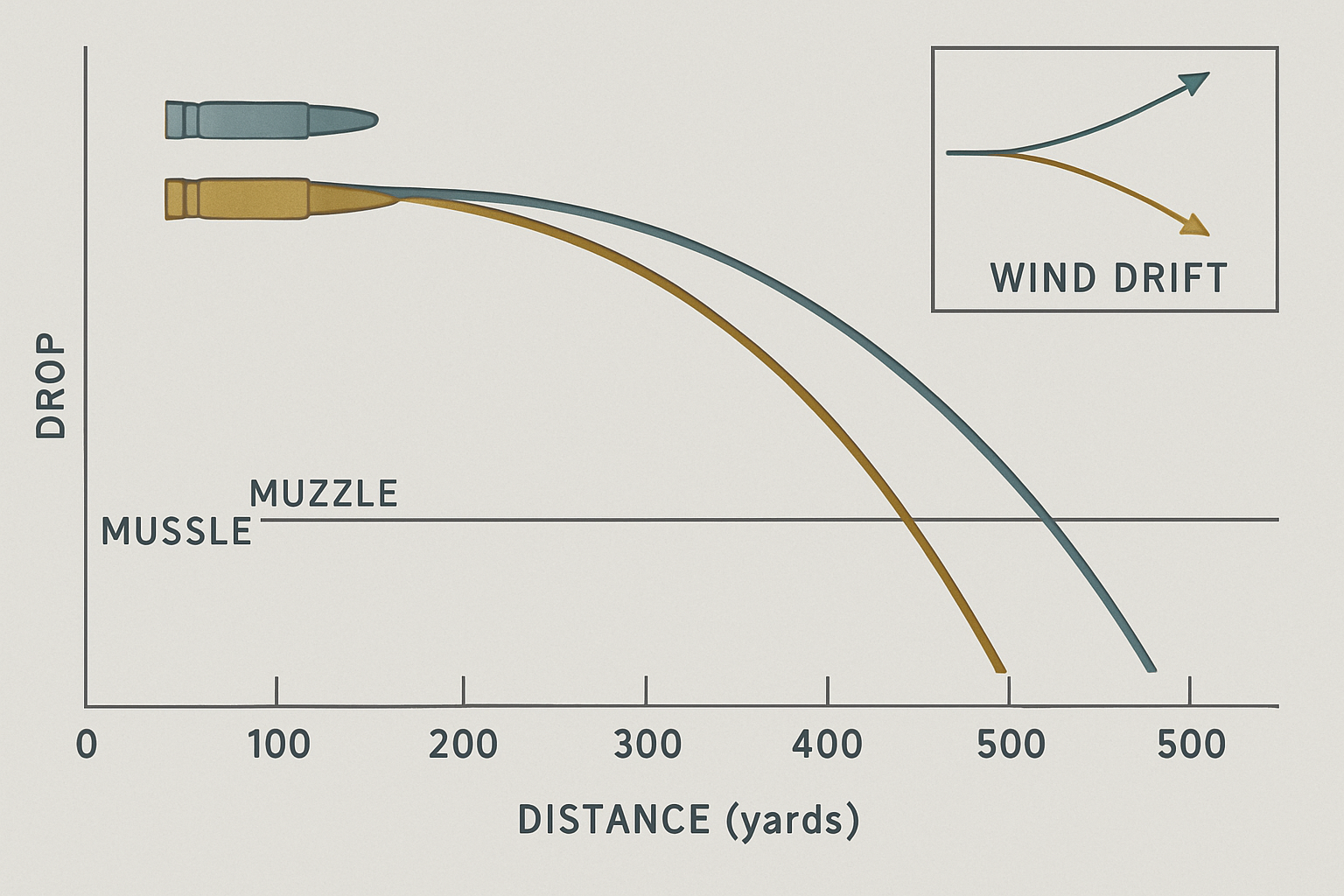 At close range, both cartridges trace nearly identical paths. Past 400 yards, the 6.5 Creedmoor's higher ballistic coefficient keeps it flatter and less susceptible to crosswind drift — a gap that compounds with distance.