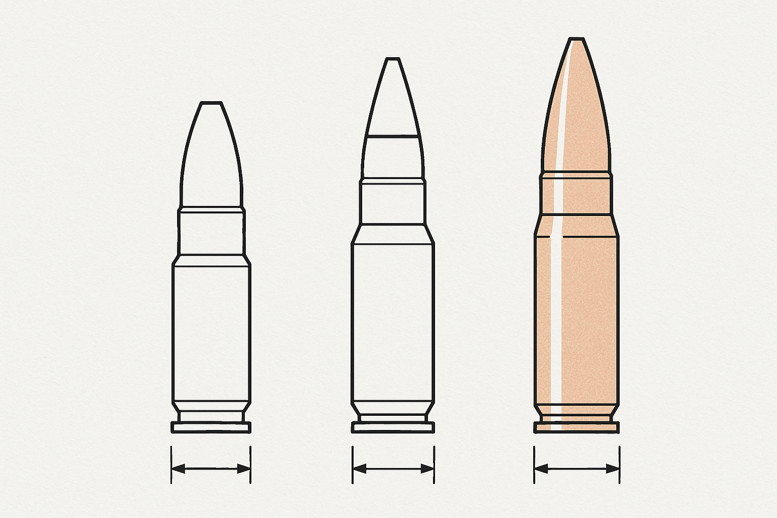 Three bullets of the same caliber — a short 55-grain FMJ, a longer 62-grain steel-tipped M855-style projectile, and an all-copper 62-grain hunting bullet — shown to scale. The all-copper bullet is measurably longer than its lead-core weight equivalent, which is why copper construction demands faster twist.