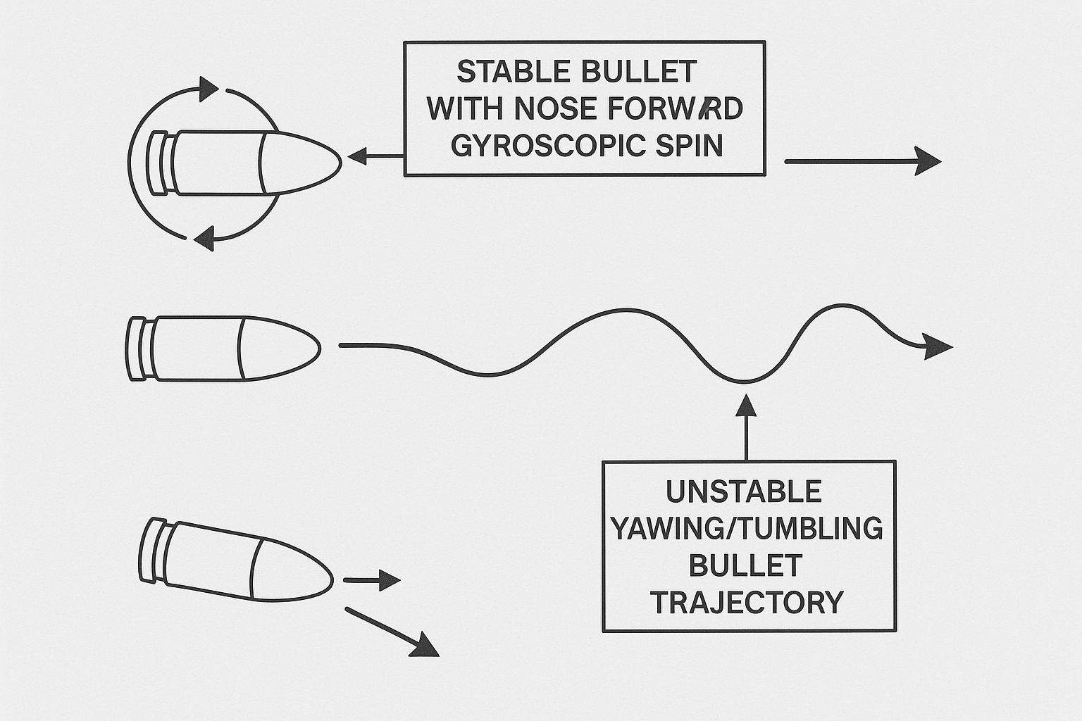 Stable vs unstable flight — adequate spin keeps the nose forward; too-slow twist lets the bullet tumble.