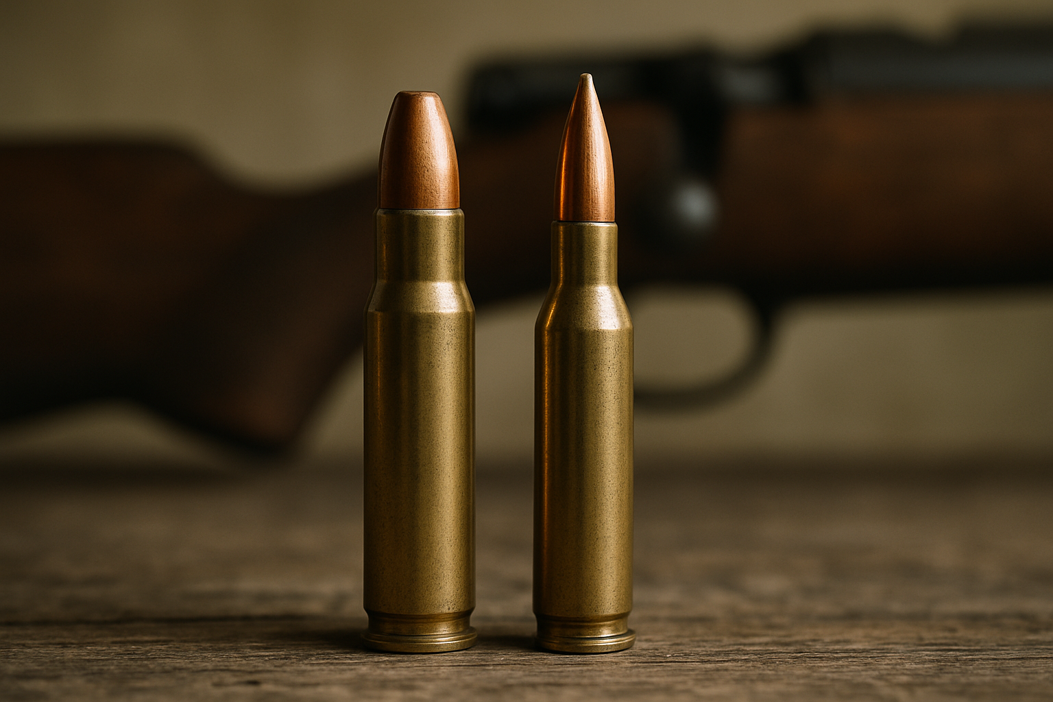 Side by side, the .308 Winchester (left) and 6.5 Creedmoor (right) look nearly identical — same bolt face, same short-action length. The difference is in the bullet seated in each case: the slender, high-BC 6.5mm projectile on the right versus the broader .308-inch diameter bullet on the left.