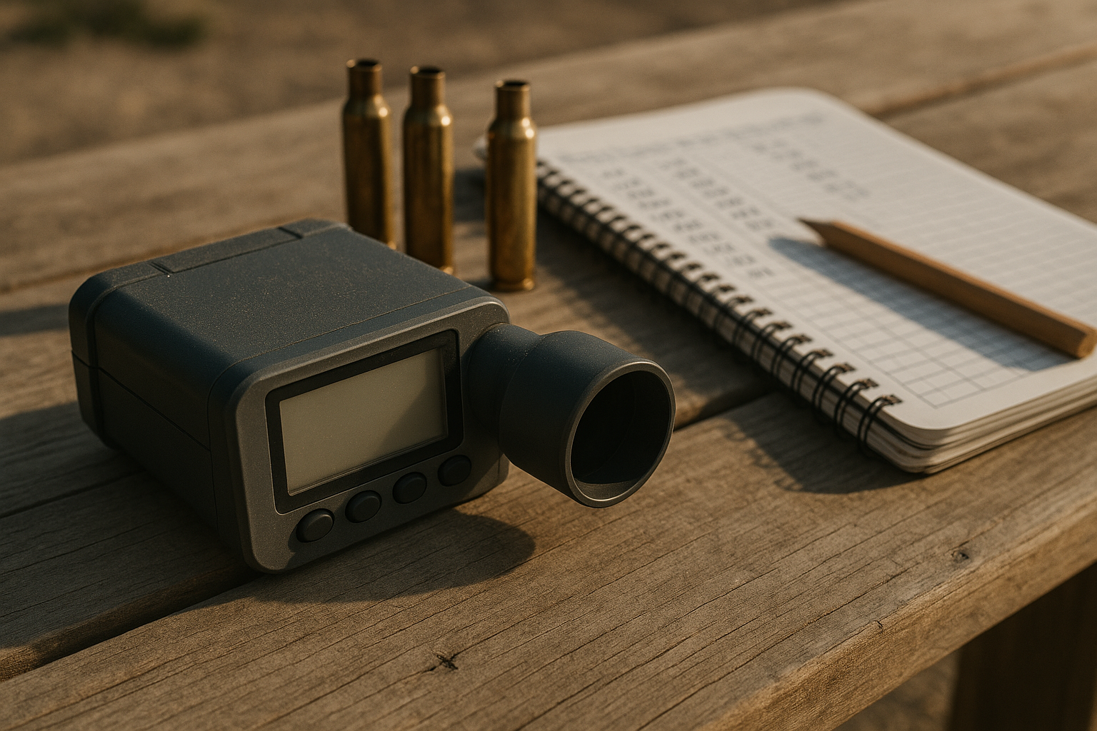 A chronograph positioned downrange from a reloading bench setup: the essential instrument for catching what brass inspection cannot see.
