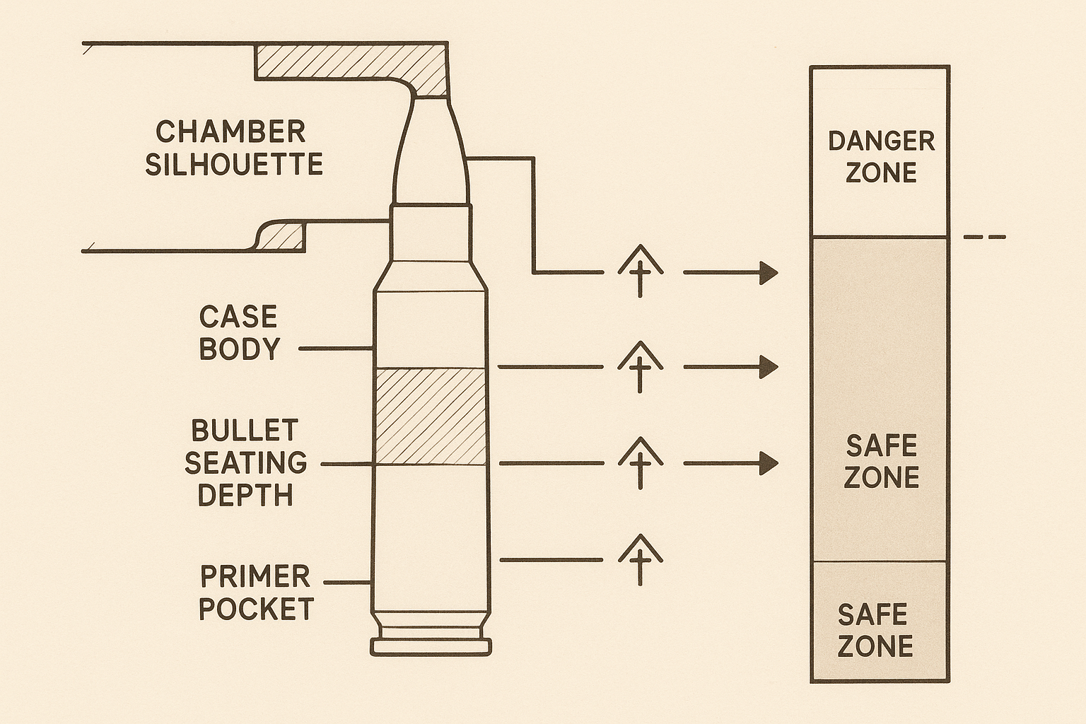 Each substituted component — different brass, hotter primer, deeper bullet seating, tighter chamber — adds a small individual pressure increment. Alone, none crosses the line. Combined, the stack pushes the load above the pressure ceiling the manual's charge range was designed to represent.