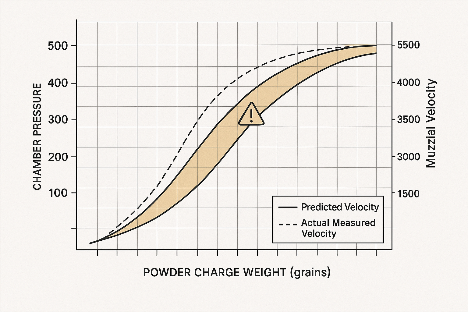 As powder charge weight increases (bottom axis), both chamber pressure and muzzle velocity rise together. When actual measured velocity jumps above the manual's predicted velocity curve at a given charge weight, pressure has almost certainly done the same — even when brass shows no visible signs.