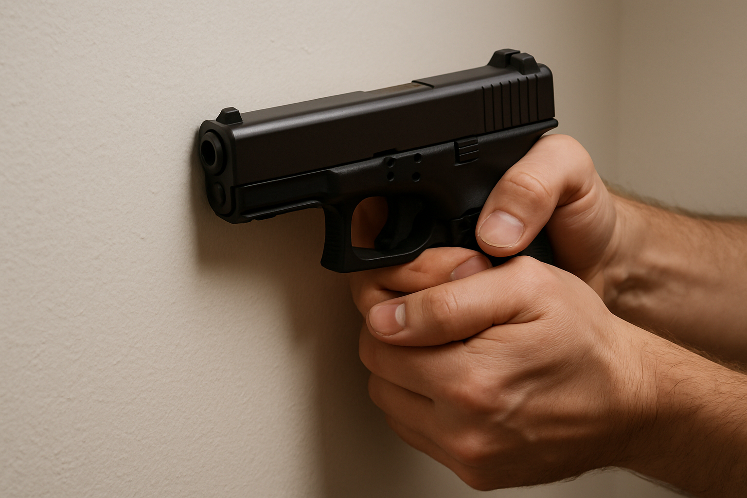 The wall drill: muzzle just touching a blank surface, two inches out. Any movement on the press shows up immediately as a scrape or tilt. No ammunition, no range — just feedback.
